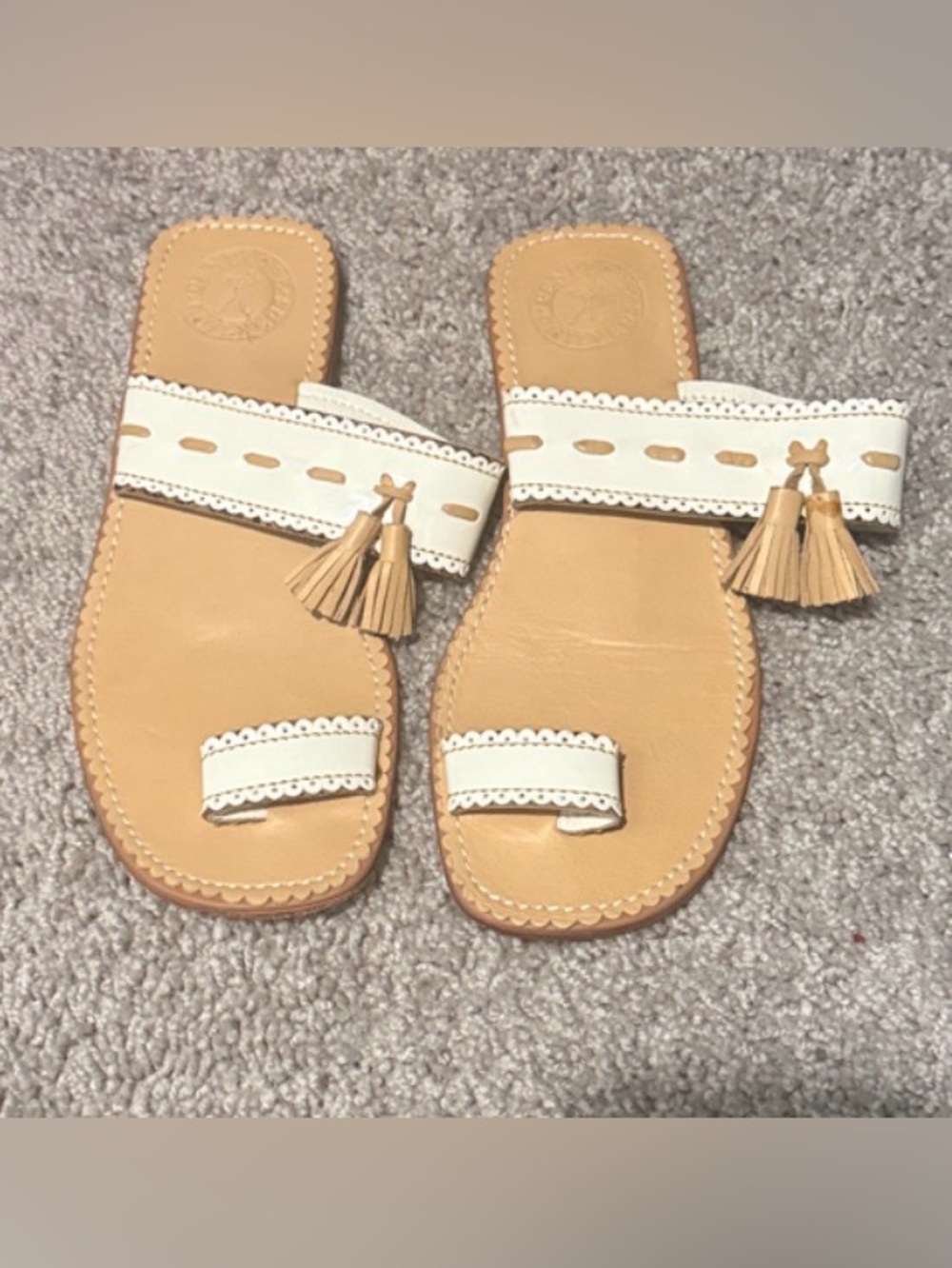 Penelope Chilvers Tan and Cream Tassel Slide Sandals size 36 or 5